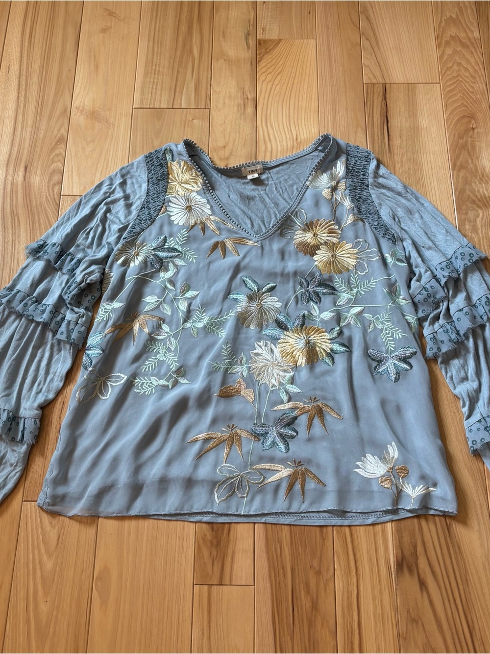 Anthropologie Tiny Frances Long Sleeve Ruffle Blue Floral Embroidered Top - Picture 2 of 12